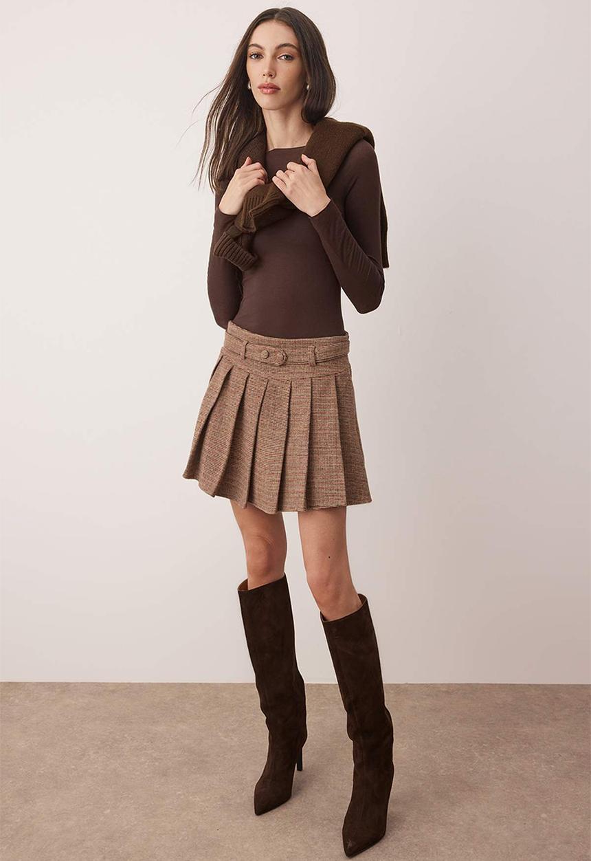 Trendyol - Plaid/Check Pleated Winter Woven Mini Skirt - Brown