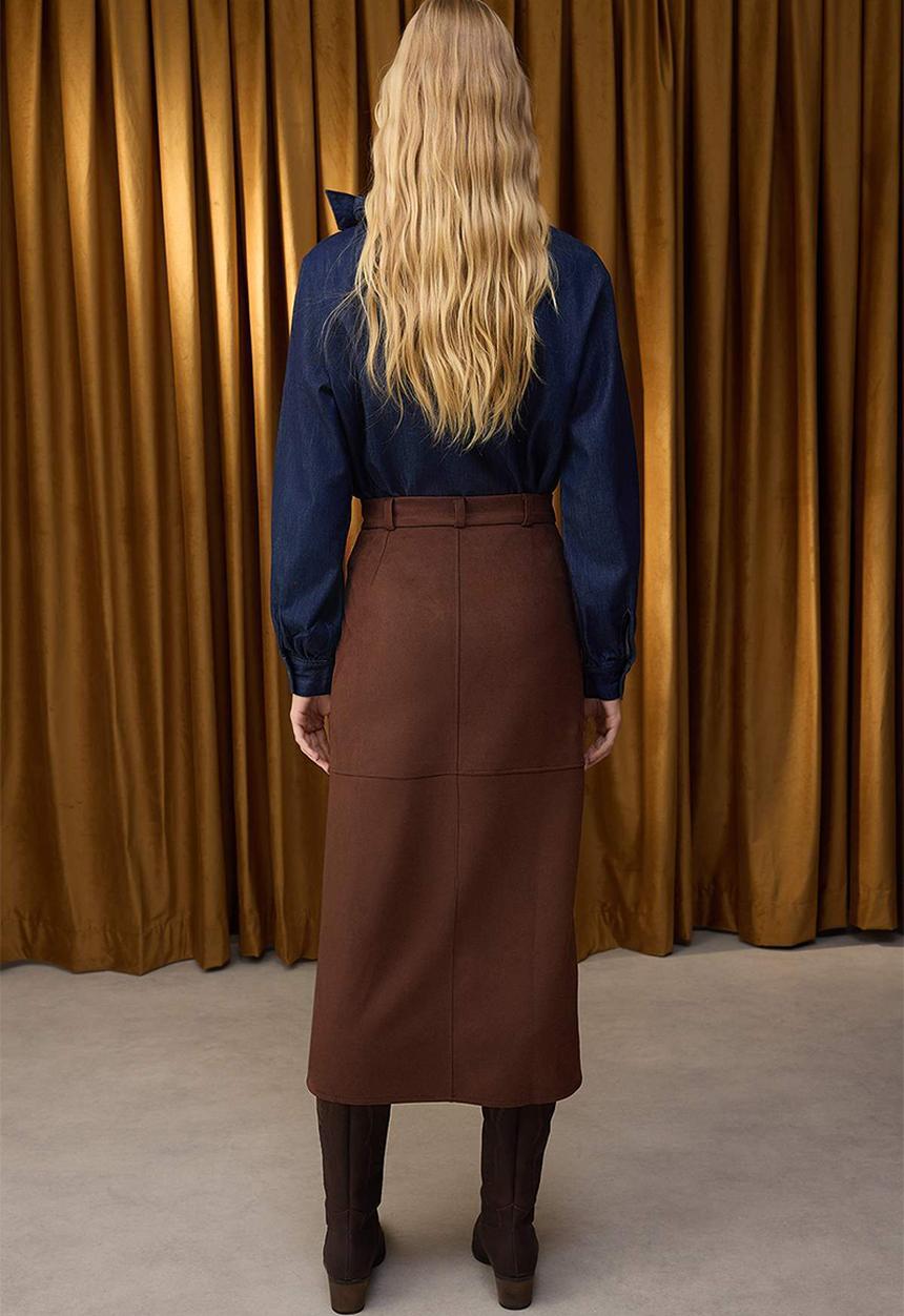 Trendyol -  Suede Button Zipper A-Line/A-Line Open Maxi Knitted Skirt  - Brown