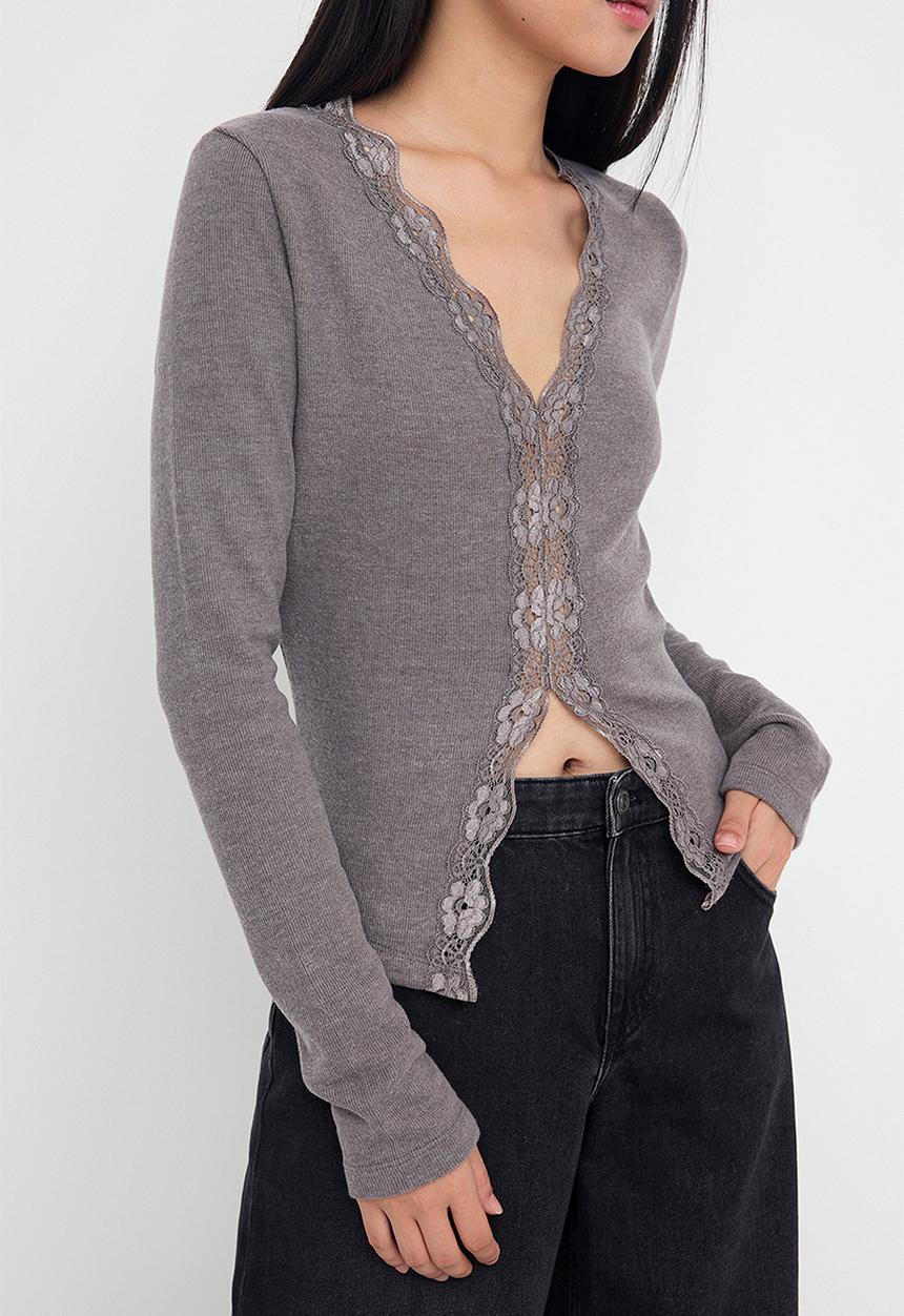 Trendyol - Fitted/Slim Fit Lace Detail Brushed Ribbed Stretch Knit Blouse - Grey