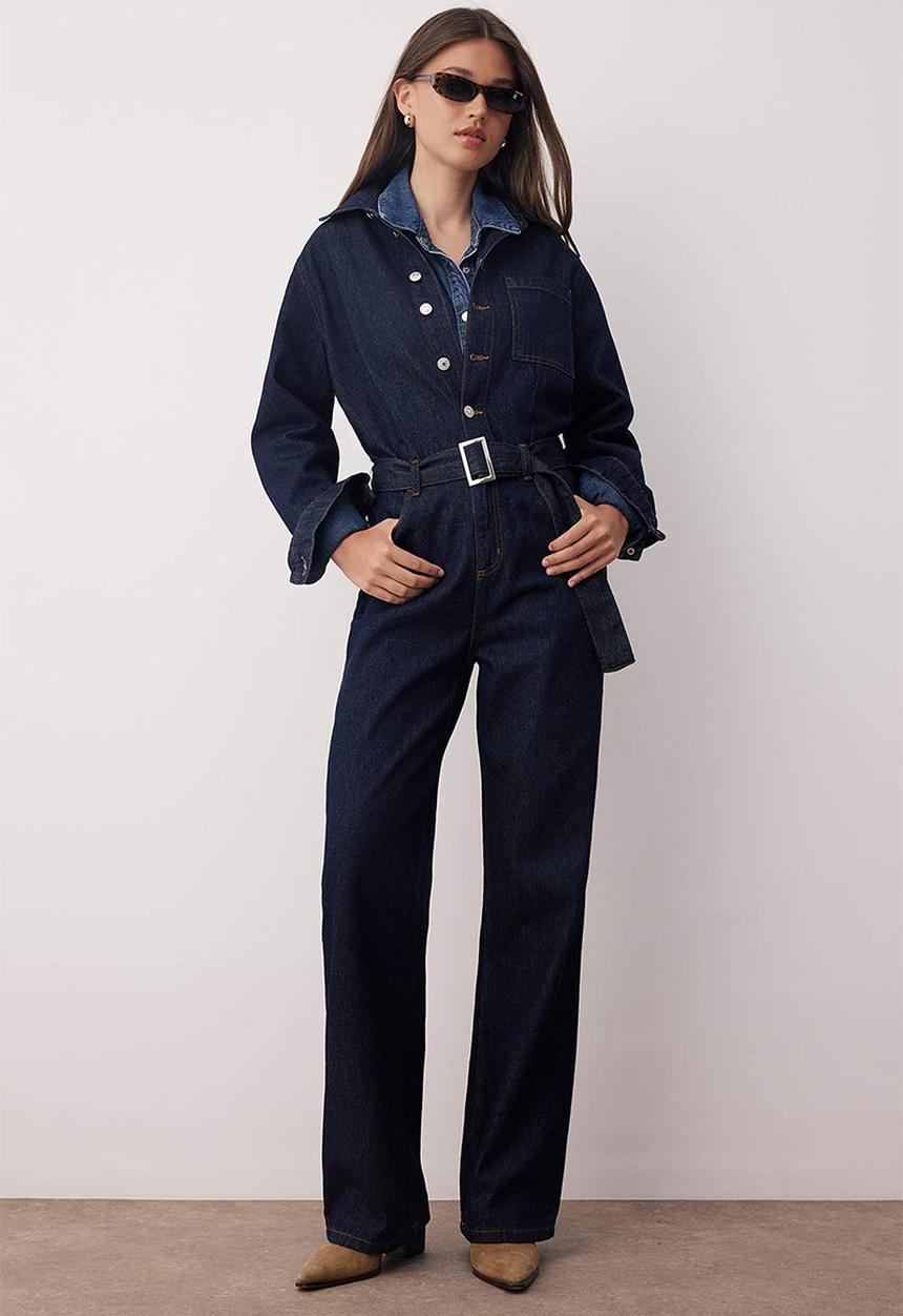 Trendyol - Wide Leg Denim Jumpsuit - Dark blue