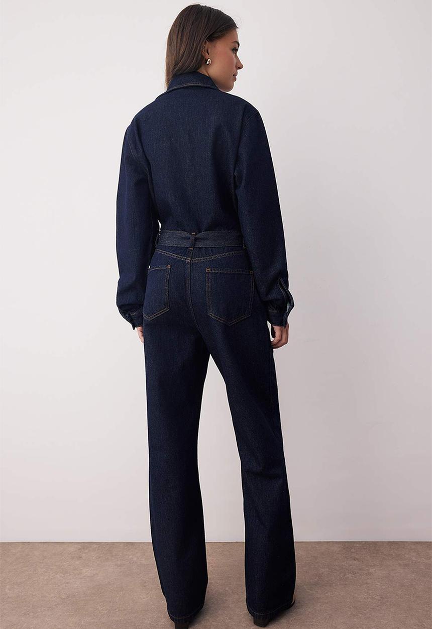 Trendyol - Wide Leg Denim Jumpsuit - Dark blue