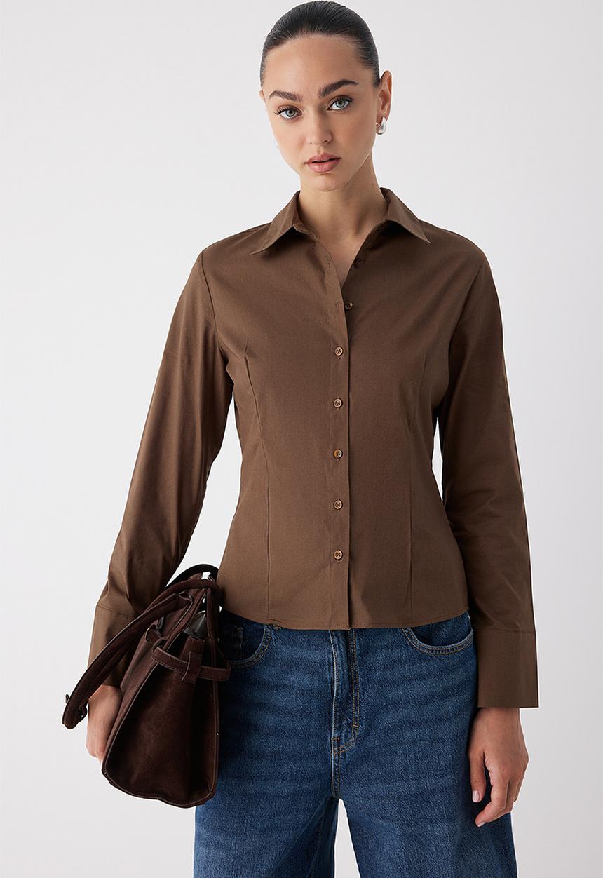 Trendyol - Light Waist Fitted Cotton Woven Shirt - Brown