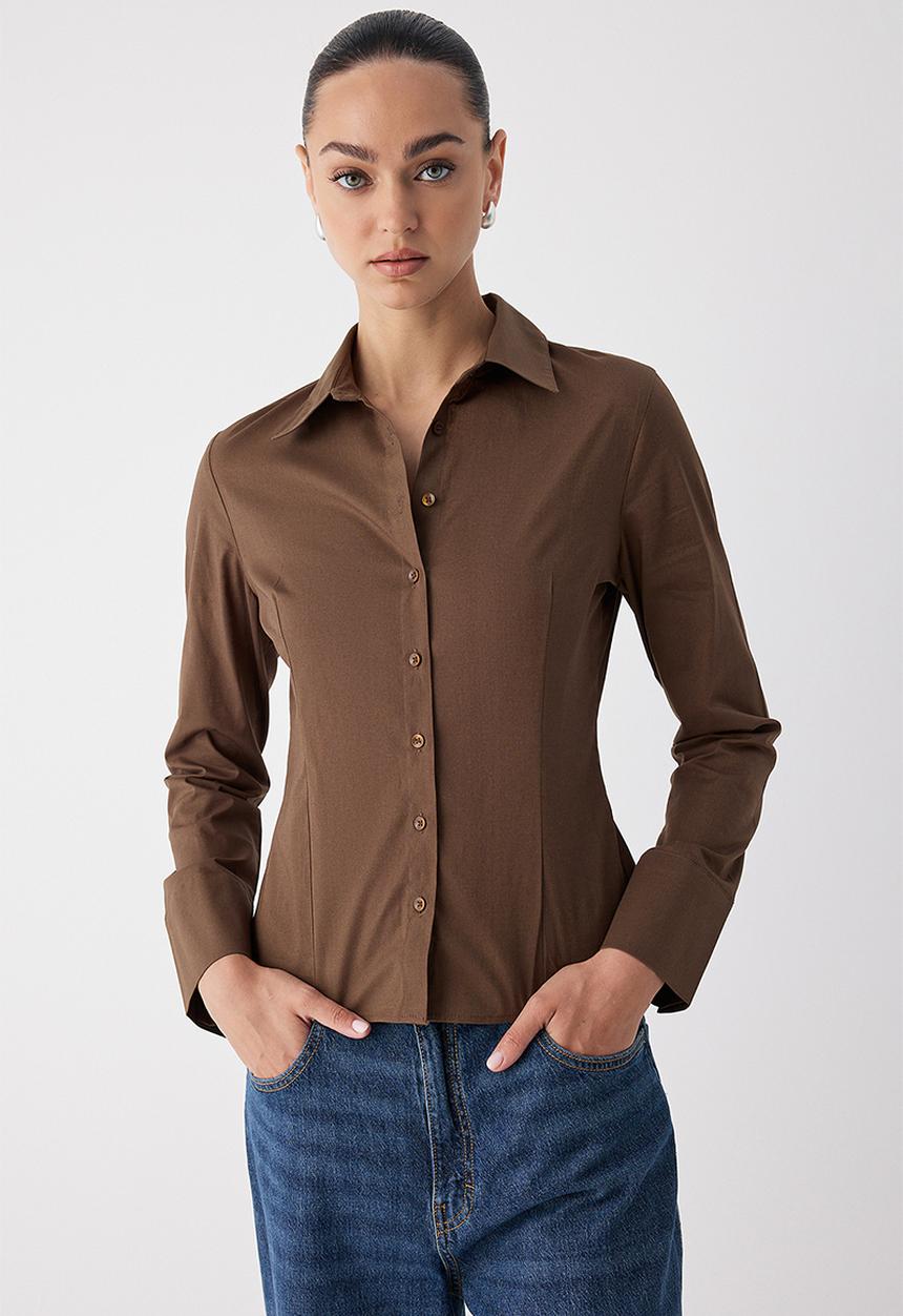 Trendyol - Light Waist Fitted Cotton Woven Shirt - Brown