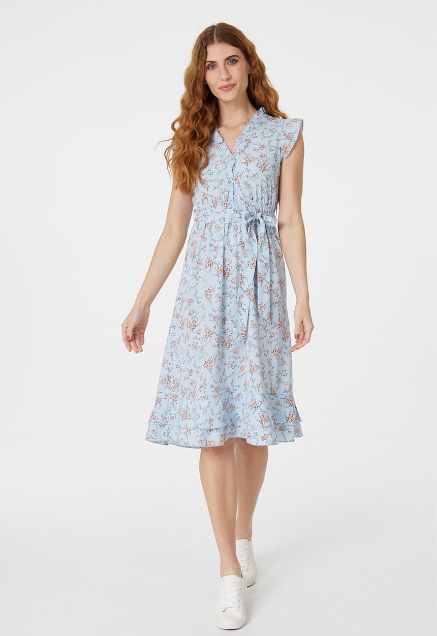 Stella Morgan - Slight Cap Sleeve V-Neck Midi Dress With Waist Tie - Blue