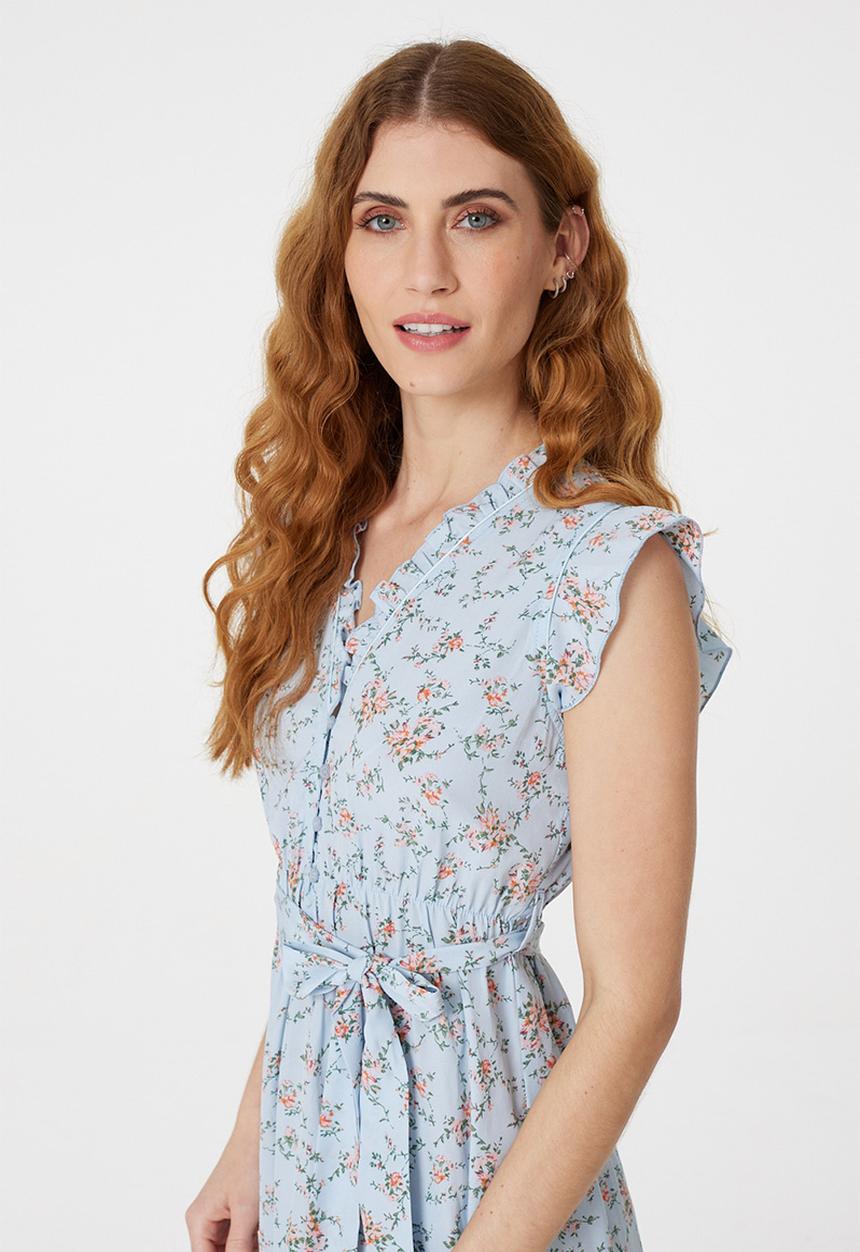 Stella Morgan - Slight Cap Sleeve V-Neck Midi Dress With Waist Tie - Blue