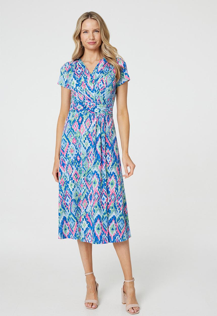 Stella Morgan - Cap Sleeve Wrap Style With Waist Pleats Midi Dress - Blue