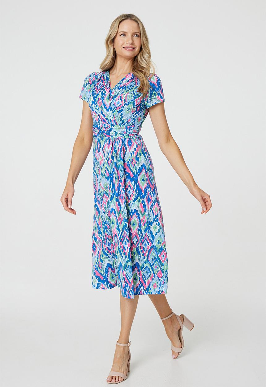 Stella Morgan - Cap Sleeve Wrap Style With Waist Pleats Midi Dress - Blue