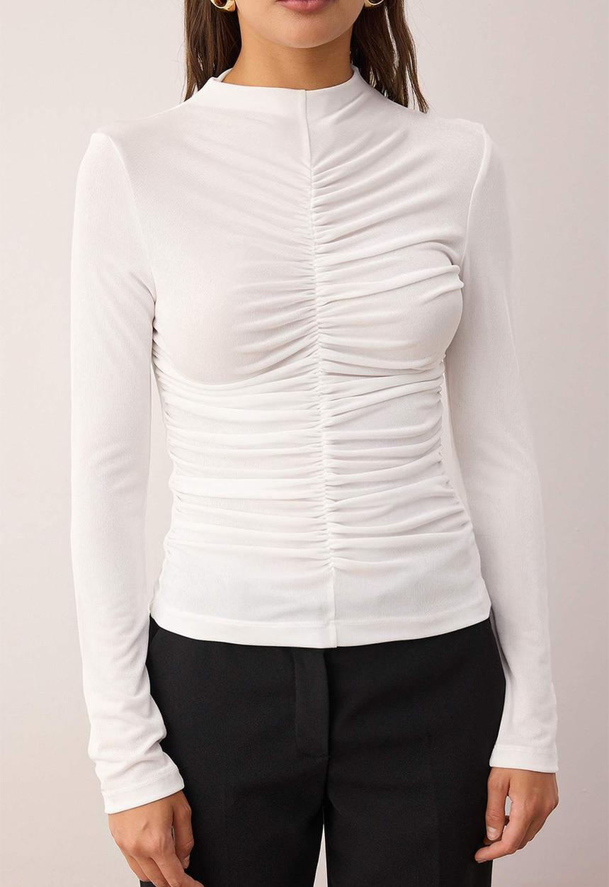 Trendyol - Gather Detailed Stand Collar Body Fitting Stretch Knitted Blouse - Black