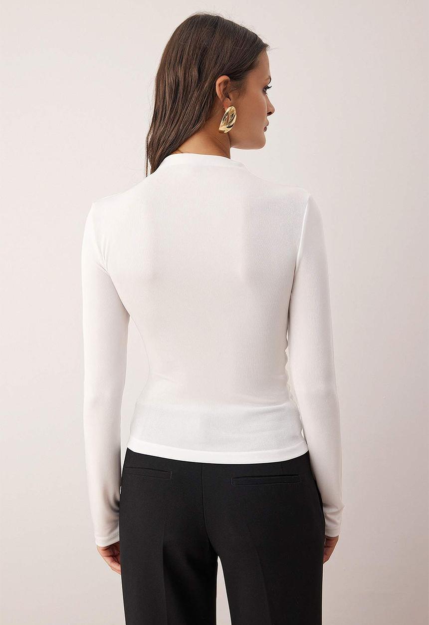 Trendyol - Gather Detailed Stand Collar Body Fitting Stretch Knitted Blouse - Black