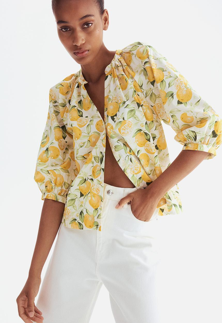 H&M - Balloon-sleeved poplin blouse - white lemons