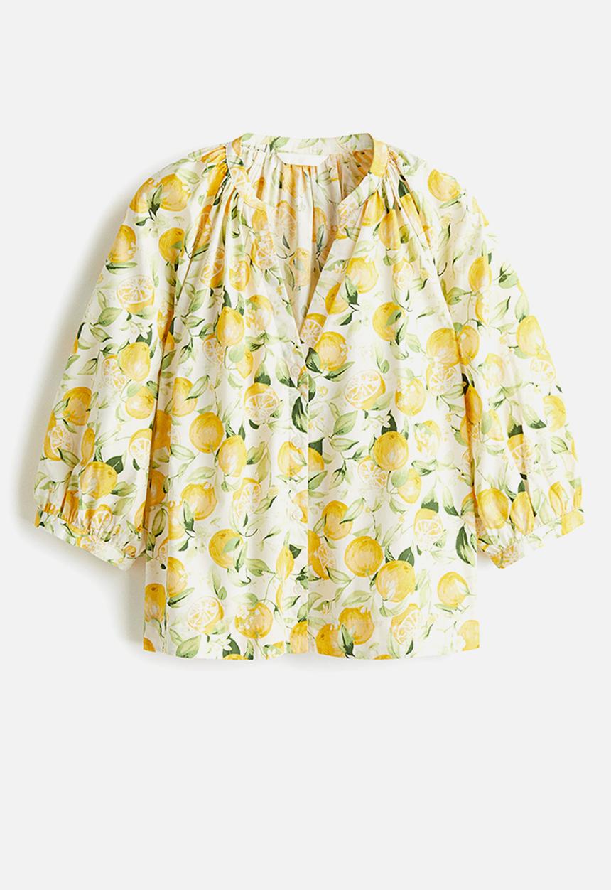 H&M - Balloon-sleeved poplin blouse - white lemons