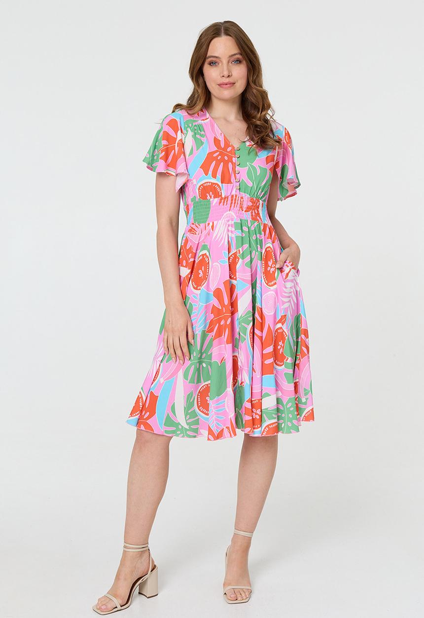 MANDI - V-Neck Flutter Sleeve Midi Dress With Buttons And Gauging At Waist - Pink