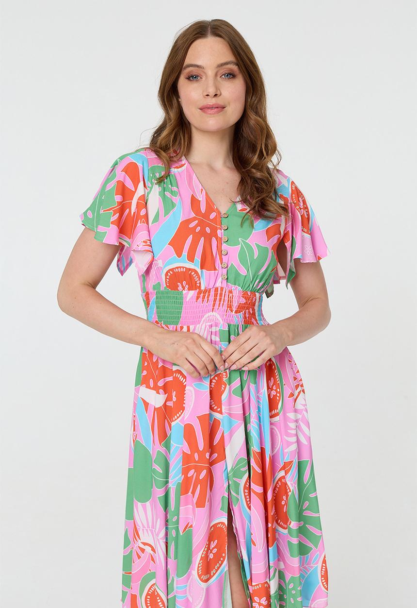 MANDI - V-Neck Flutter Sleeve Midi Dress With Buttons And Gauging At Waist - Pink