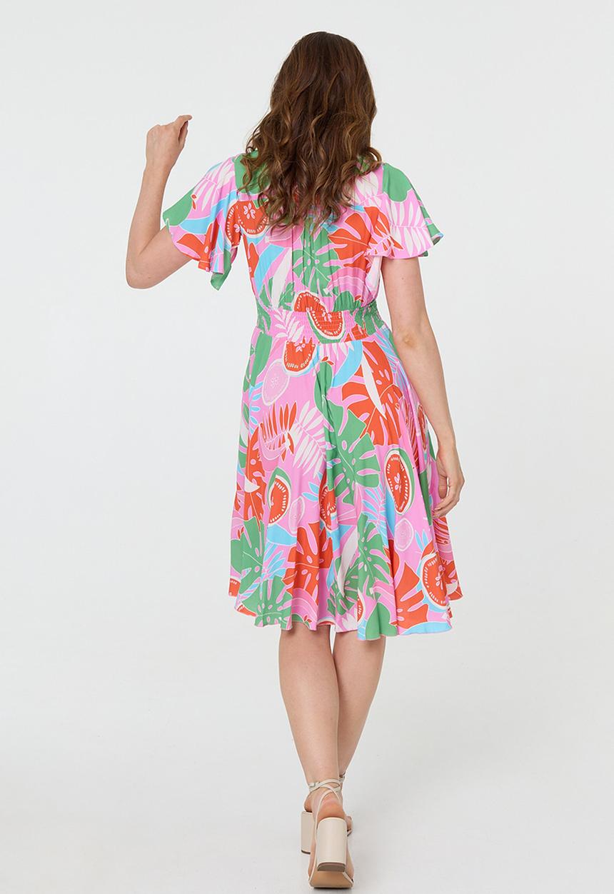 MANDI - V-Neck Flutter Sleeve Midi Dress With Buttons And Gauging At Waist - Pink