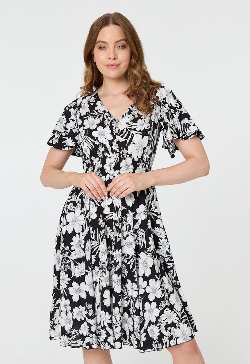 MANDI - V-Neck Flutter Sleeve Midi Dress With Buttons And Gauging At Waist - Black And White