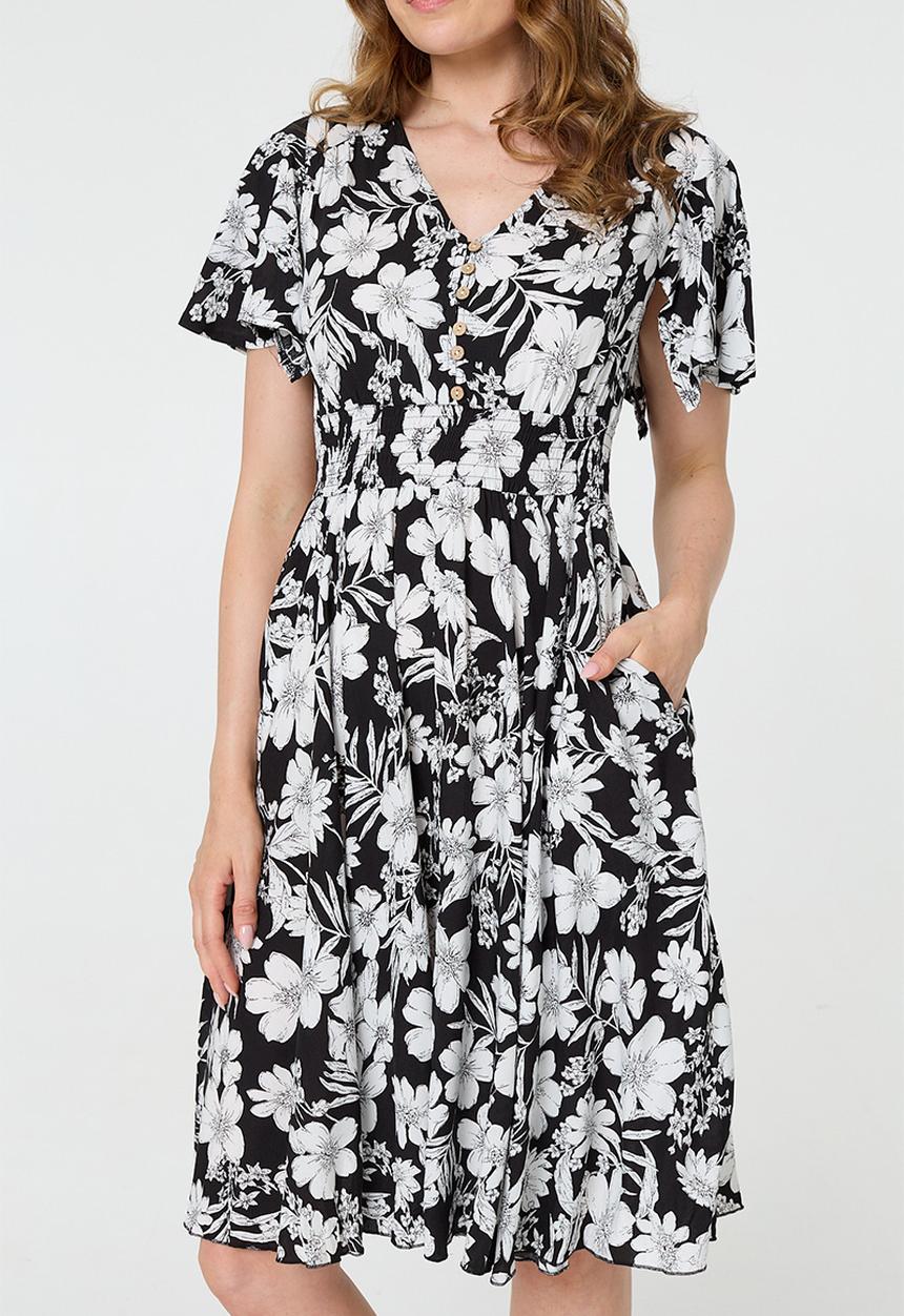 MANDI - V-Neck Flutter Sleeve Midi Dress With Buttons And Gauging At Waist - Black And White