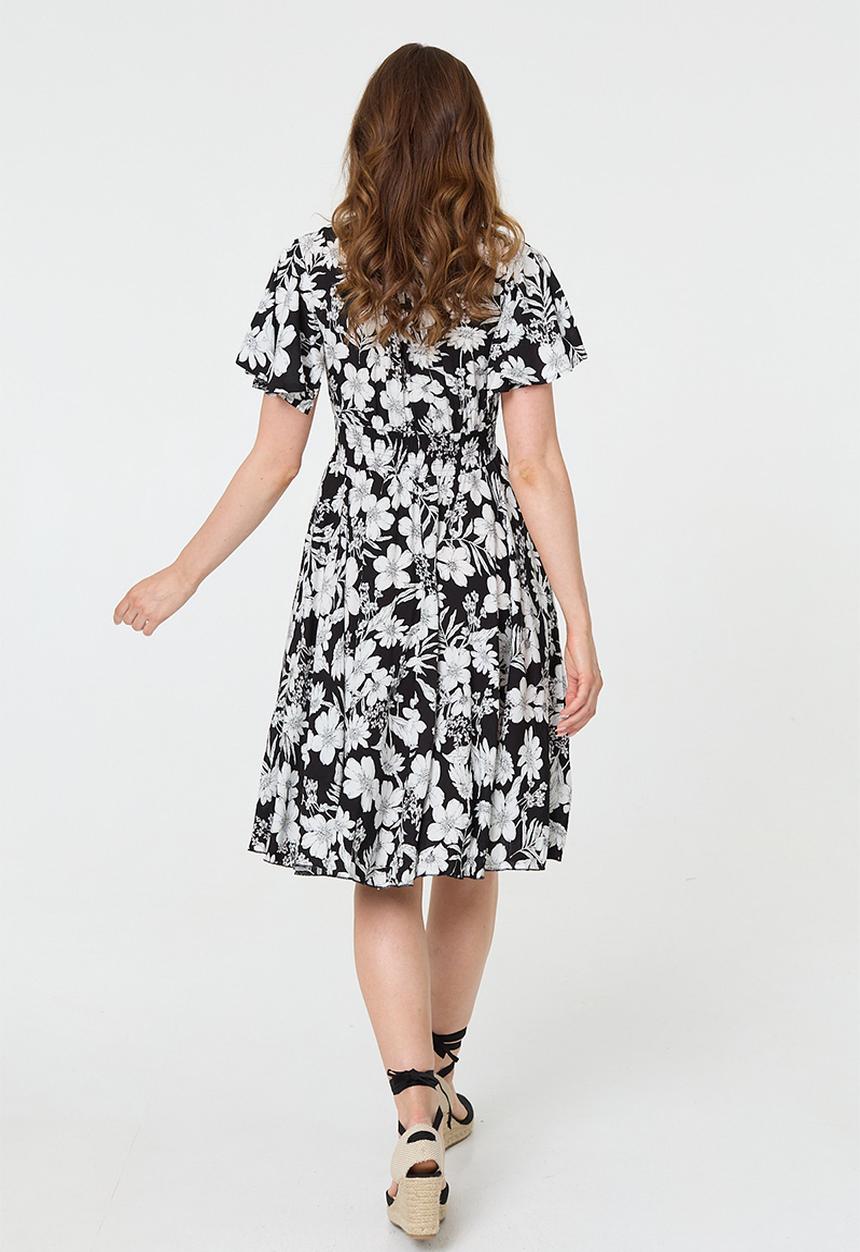 MANDI - V-Neck Flutter Sleeve Midi Dress With Buttons And Gauging At Waist - Black And White