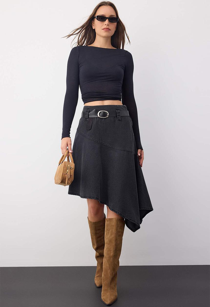 Trendyol - Belted Asymmetrical Midi Denim Skirt - Black