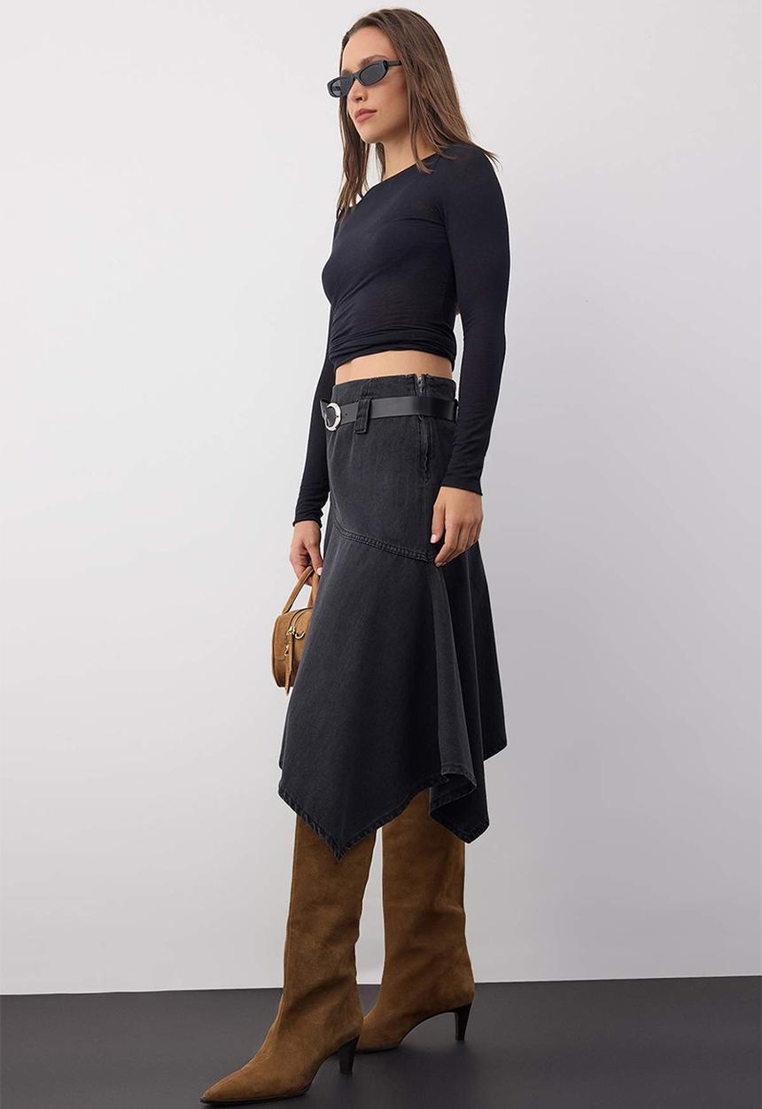 Trendyol - Belted Asymmetrical Midi Denim Skirt - Black