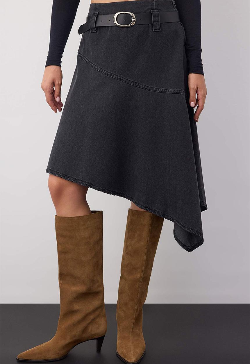 Trendyol - Belted Asymmetrical Midi Denim Skirt - Black