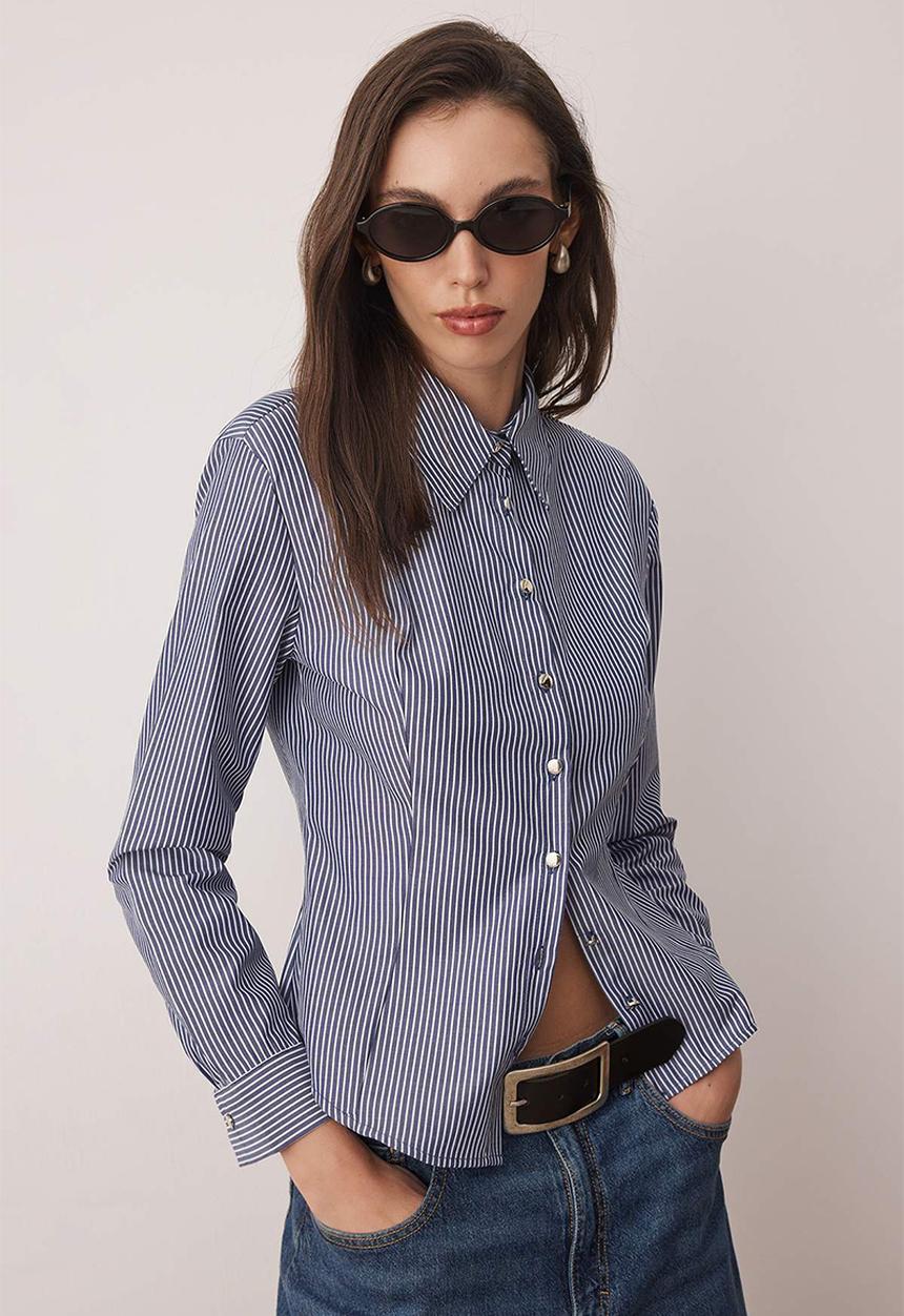 Trendyol - Striped Silver Button Detail Waist Fitted Shirt - Blue