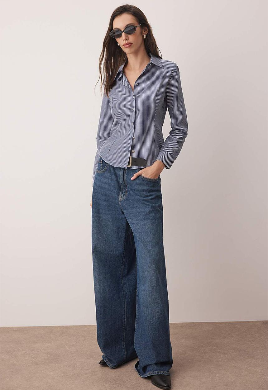 Trendyol - Striped Silver Button Detail Waist Fitted Shirt - Blue