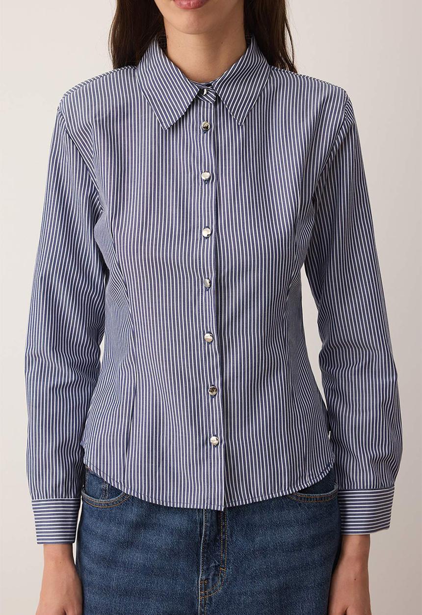 Trendyol - Striped Silver Button Detail Waist Fitted Shirt - Blue