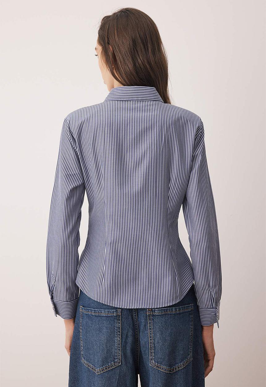 Trendyol - Striped Silver Button Detail Waist Fitted Shirt - Blue