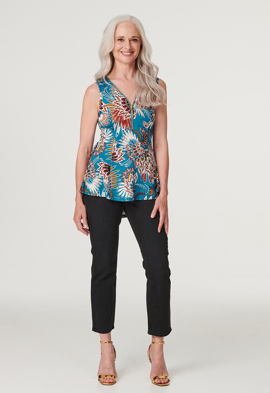 Stella Morgan - Sleeveless Zip Front Longer Length Top - Teal