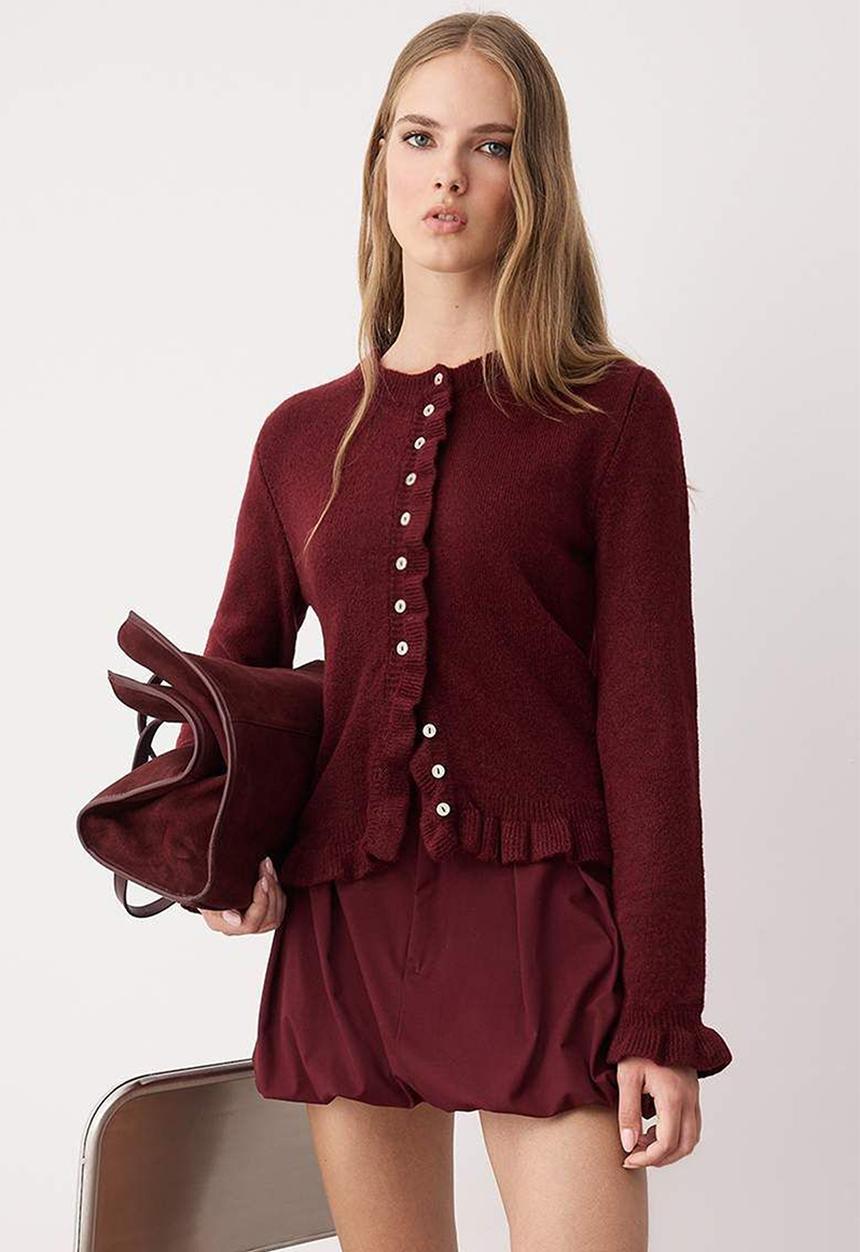 Trendyol - Button Detailed Soft Textured Knitwear Cardigan - Burgundy
