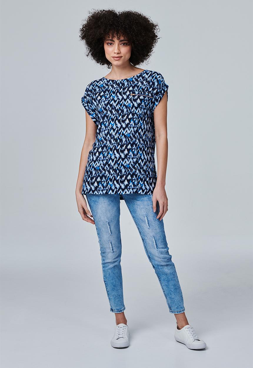 Stella Morgan - Cap Sleeve Roll Scoop Hem Blouse With Zip And Pocket Detail - Blue