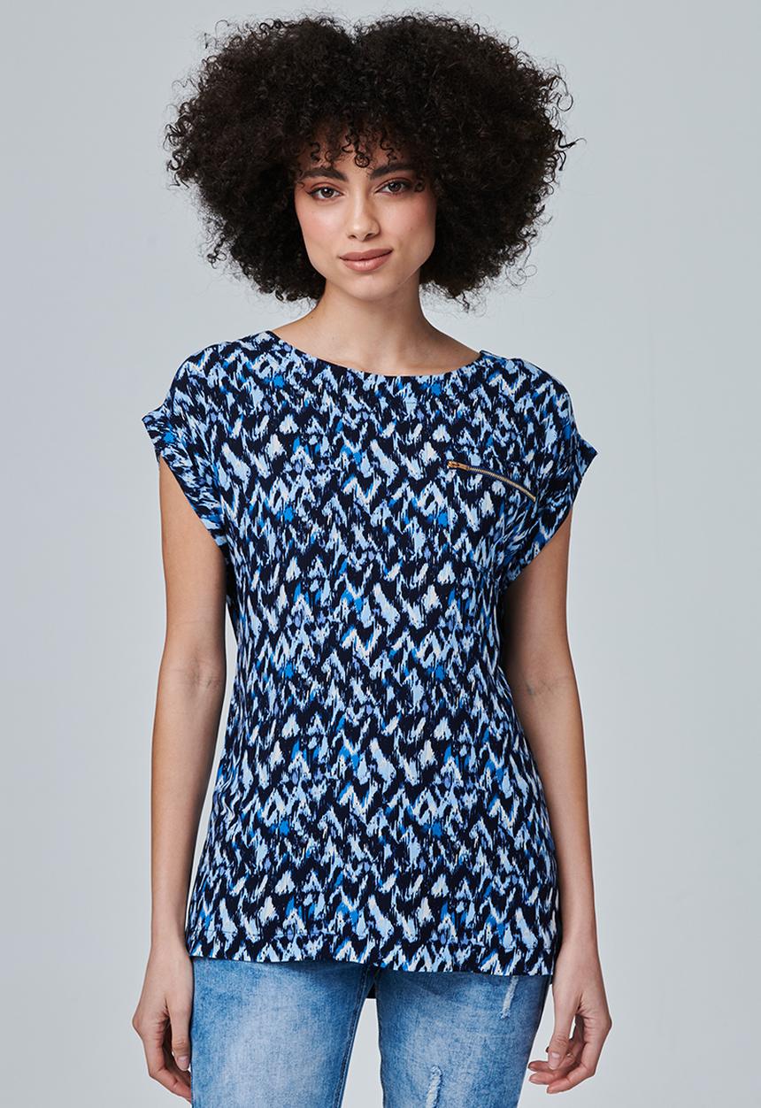 Stella Morgan - Cap Sleeve Roll Scoop Hem Blouse With Zip And Pocket Detail - Blue