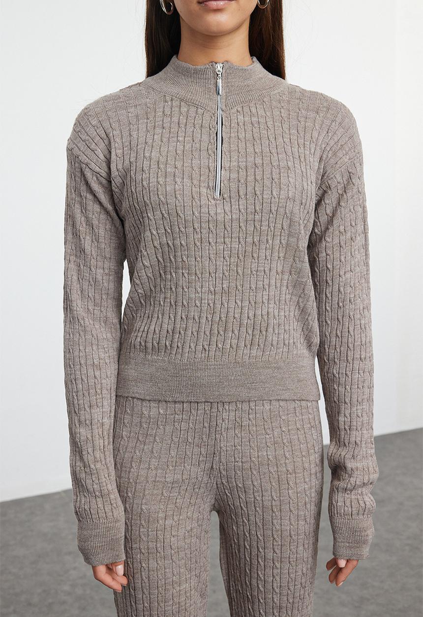 Trendyol - Zippered Knitwear Lower-Upper Set   - Mink