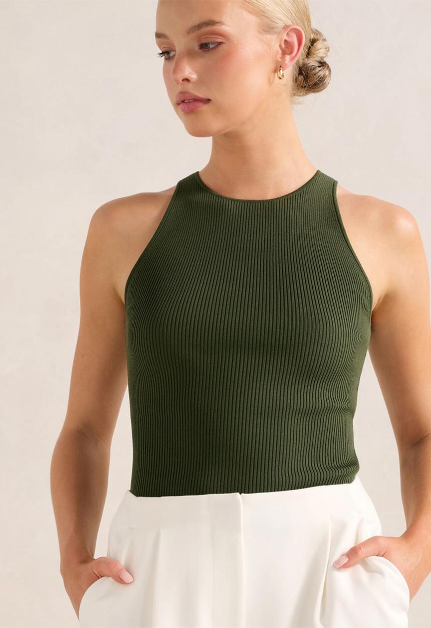 Forever New - Carla Racer Knit Rib Tank Top - Khaki