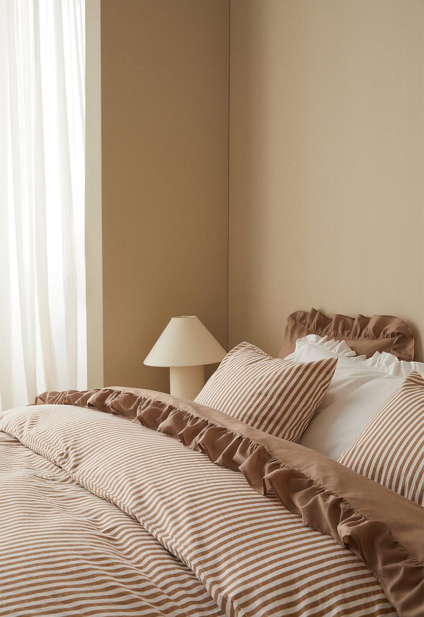 H&M - Cotton double/king duvet cover set - dusty brown/striped 
