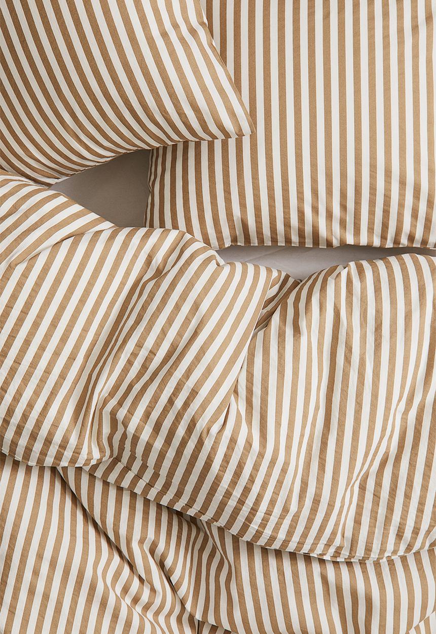 H&M - Cotton double/king duvet cover set - dusty brown/striped 