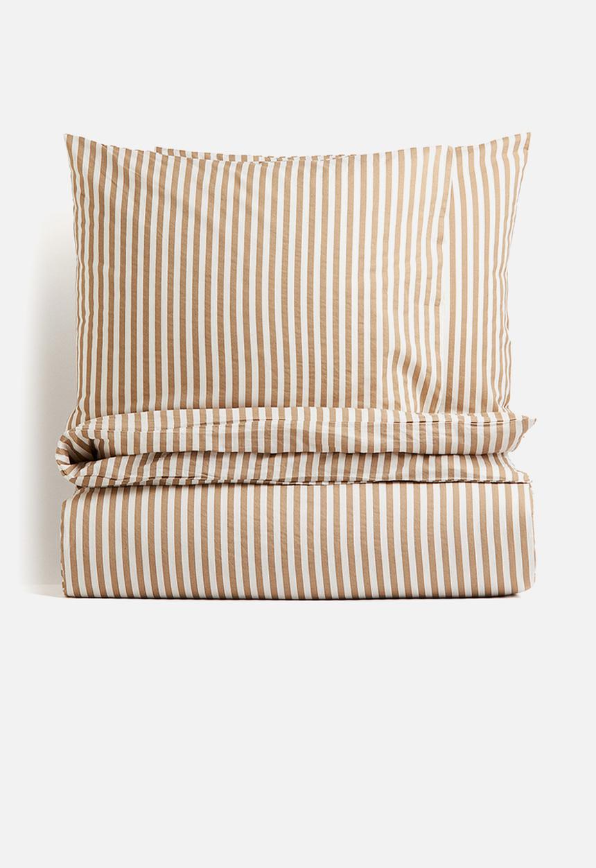 H&M - Cotton double/king duvet cover set - dusty brown/striped 