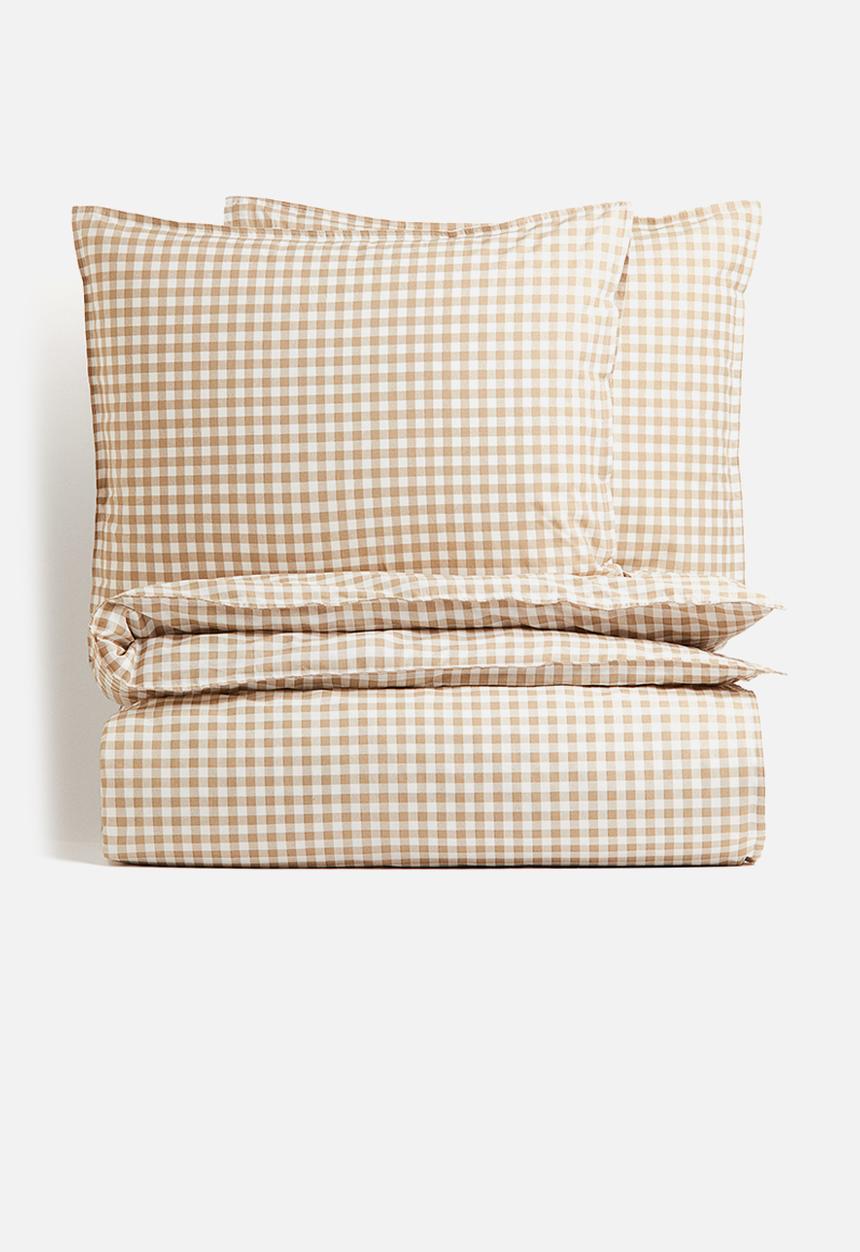 H&M - Patterned double/king size duvet cover set - dusty brown/gingham check