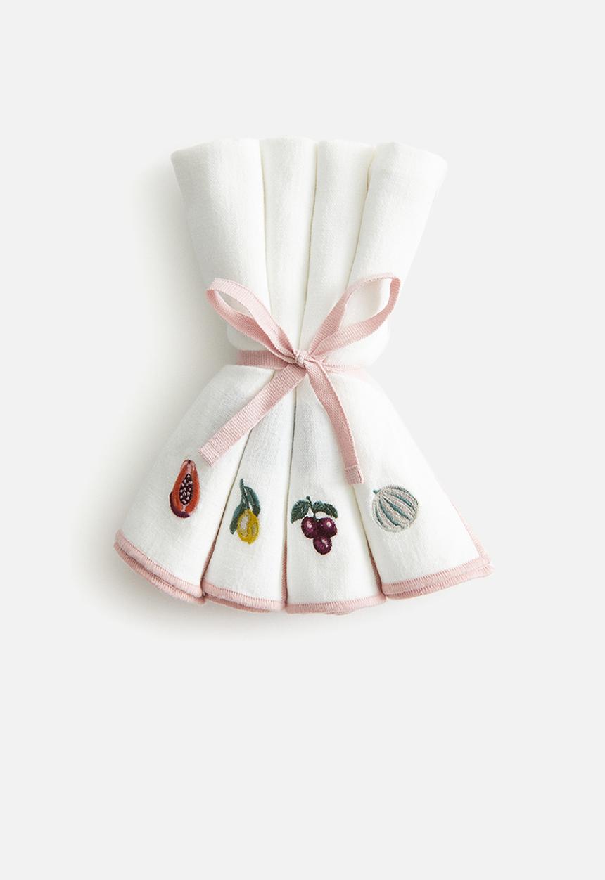 H&M - 4-pack embroidered napkins - white/fruits