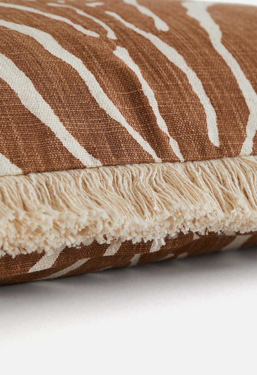 H&M - Fringed linen-blend cushion cover - light brown/zebra print
