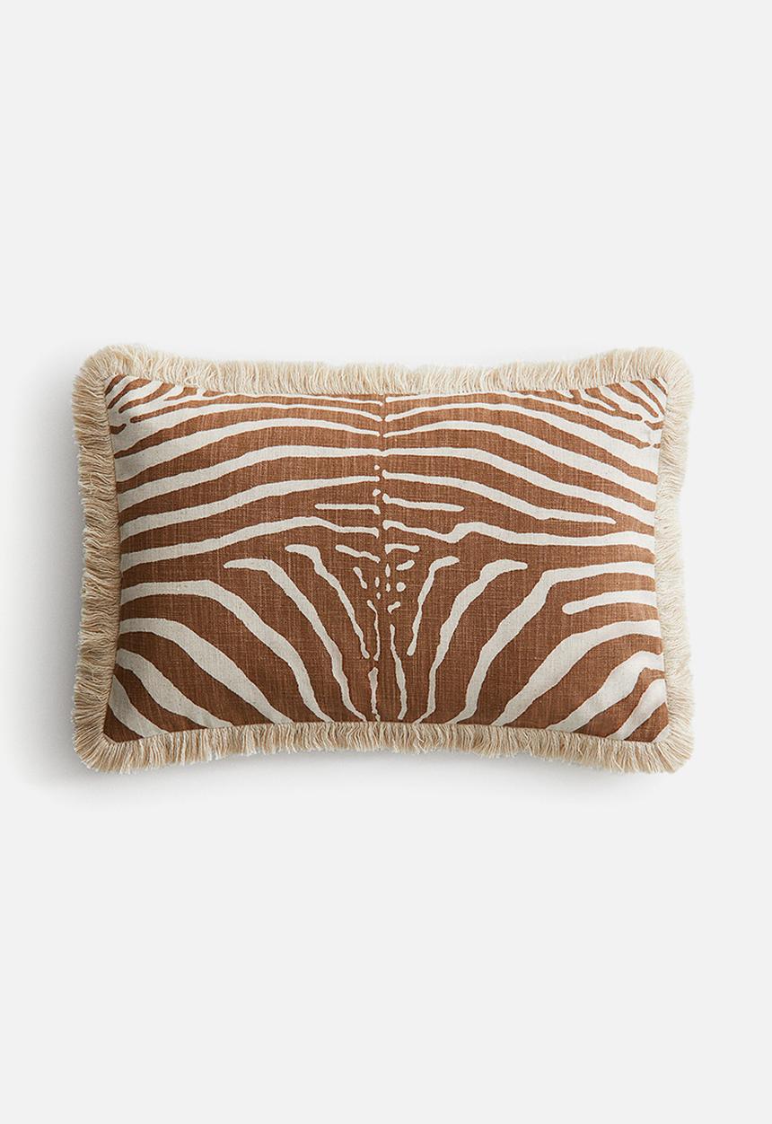 H&M - Fringed linen-blend cushion cover - light brown/zebra print