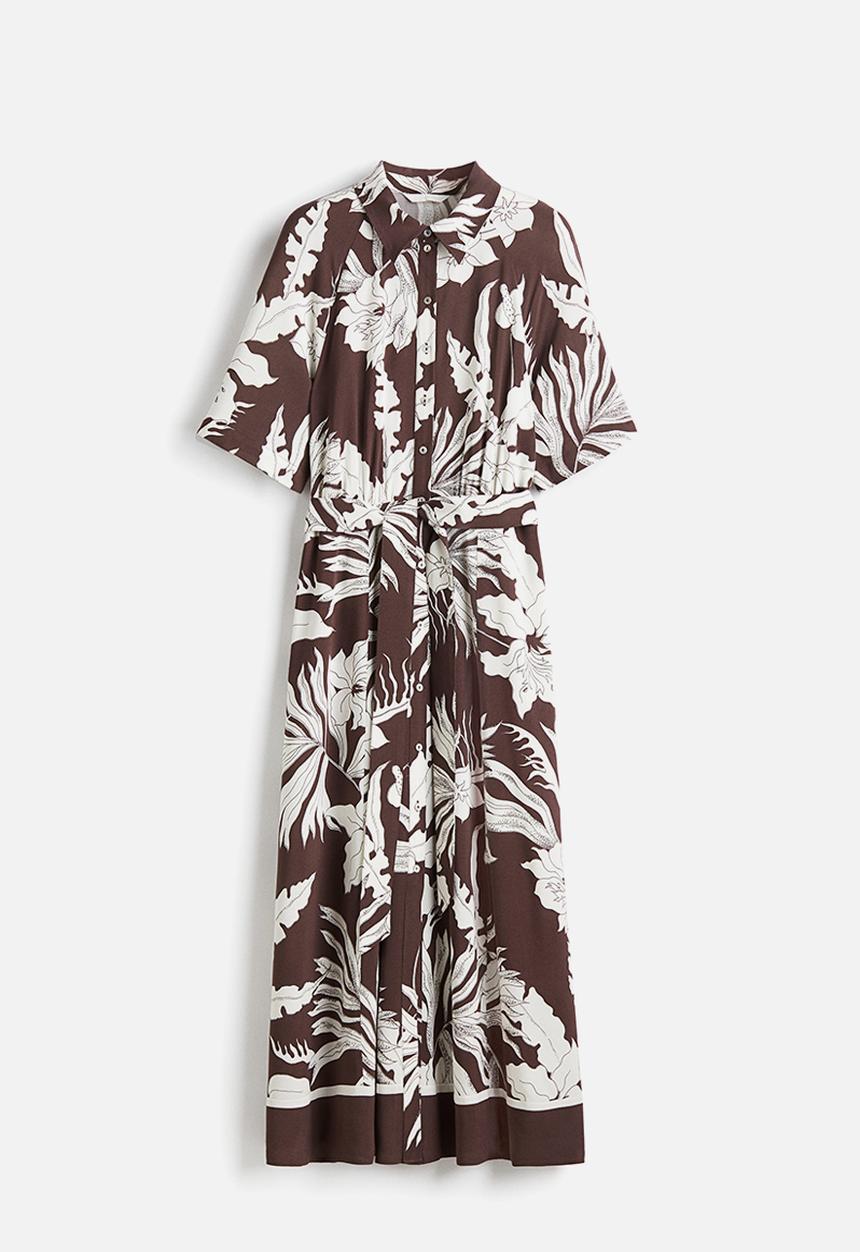 H&M - Tie-belt shirt dress - dark brown floral 