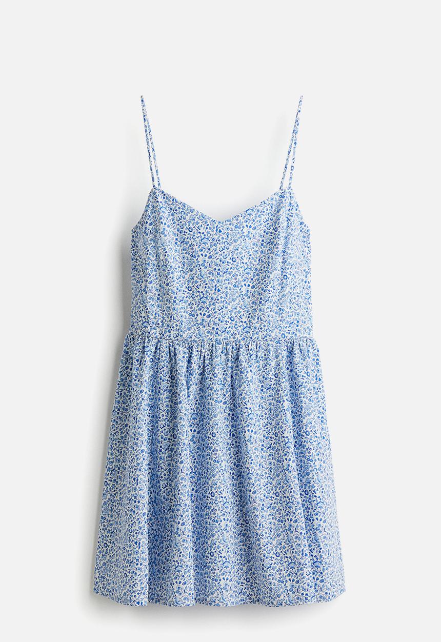 H&M - Flared-skirt cotton dress -  white & blue floral