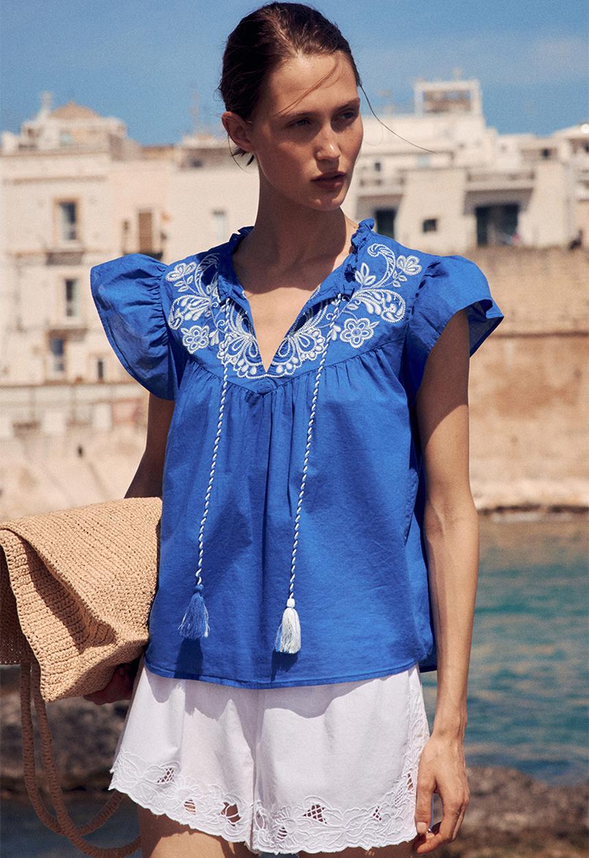 H&M - Embroidered blouse - bright blue & white