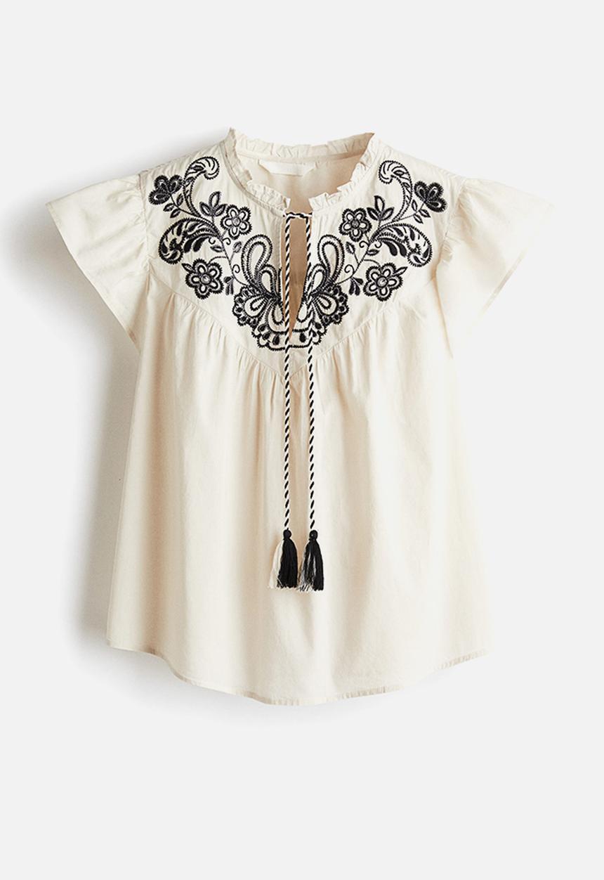 H&M - Embroidered blouse - cream & black