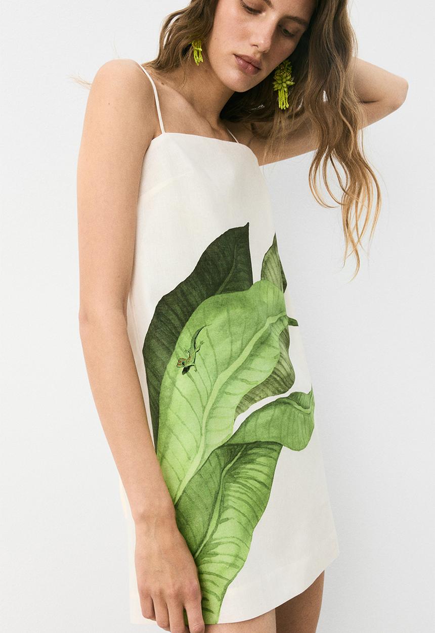 H&M - Linen-blend strappy dress - white leaves
