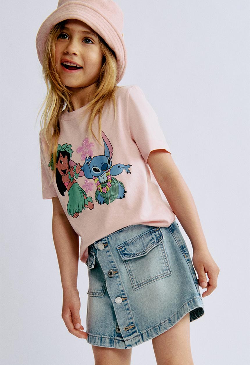 H&M - Print-motif cotton T-shirt - light pink/lilo & stitch 