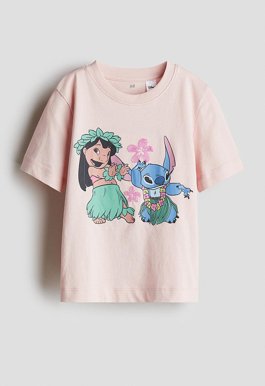 H&M - Print-motif cotton T-shirt - light pink/lilo & stitch 