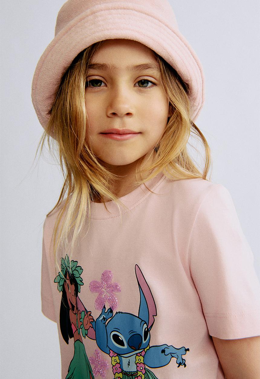 H&M - Print-motif cotton T-shirt - light pink/lilo & stitch 