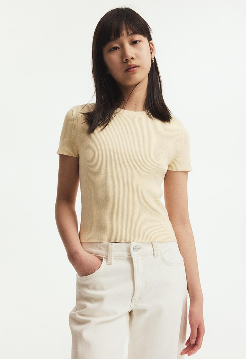 H&M - Short rib-knit top - pale yellow